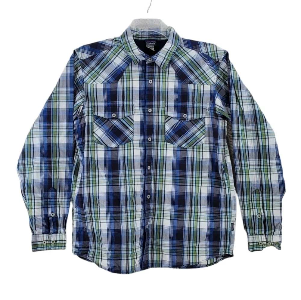 Patagonia Shirt Plaid Organic Cotton Green Blue White Button Up Mens M - Picture 4 of 13